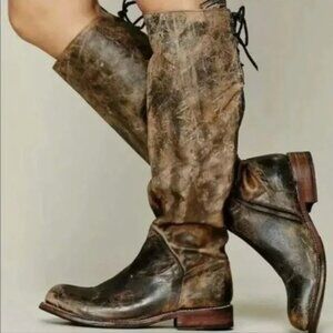 Bed Stu Manchester Leather Tall Boots Distressed Black/Brown 8M Lace-Up Tie